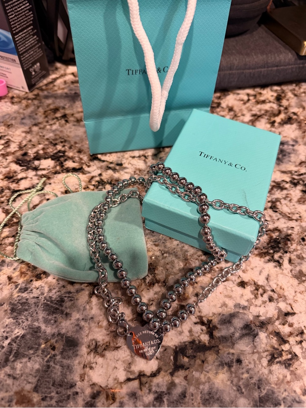 Tiffany & Co. Polished Silver Bead Necklace with Heart Tag